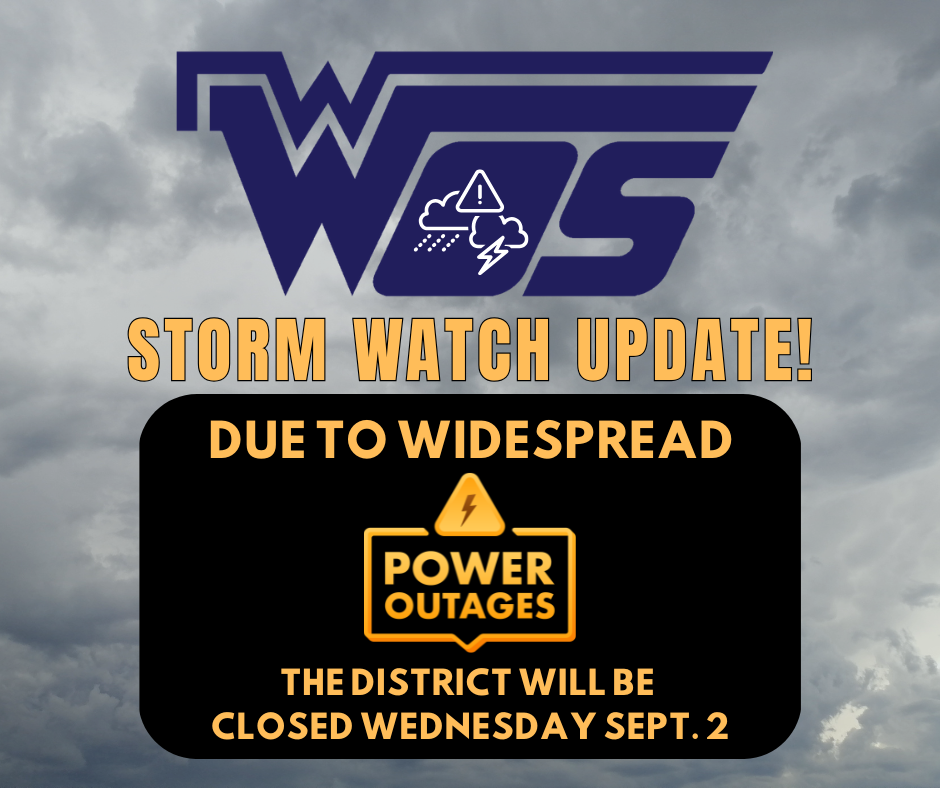 storm graphic with yellow text announcing district closure