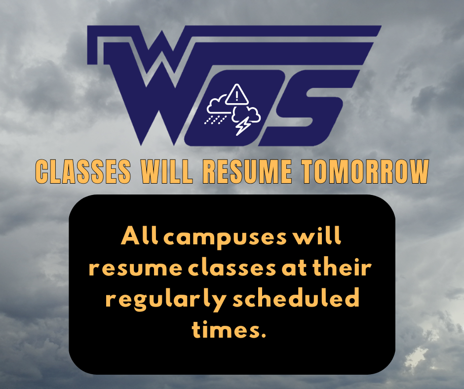 Storm Graphic with yellow text on black background, announcing classes will resume Thursday September 3