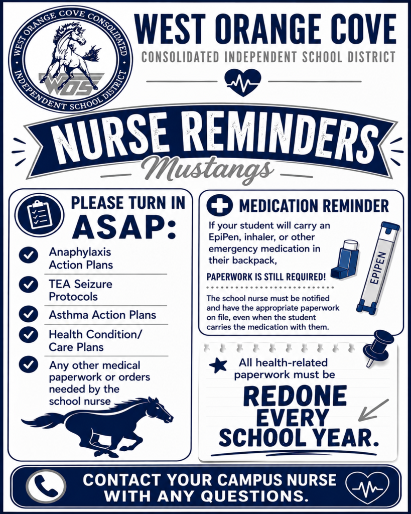 Blue and white graphic with information from the WOCCISD nursing staff