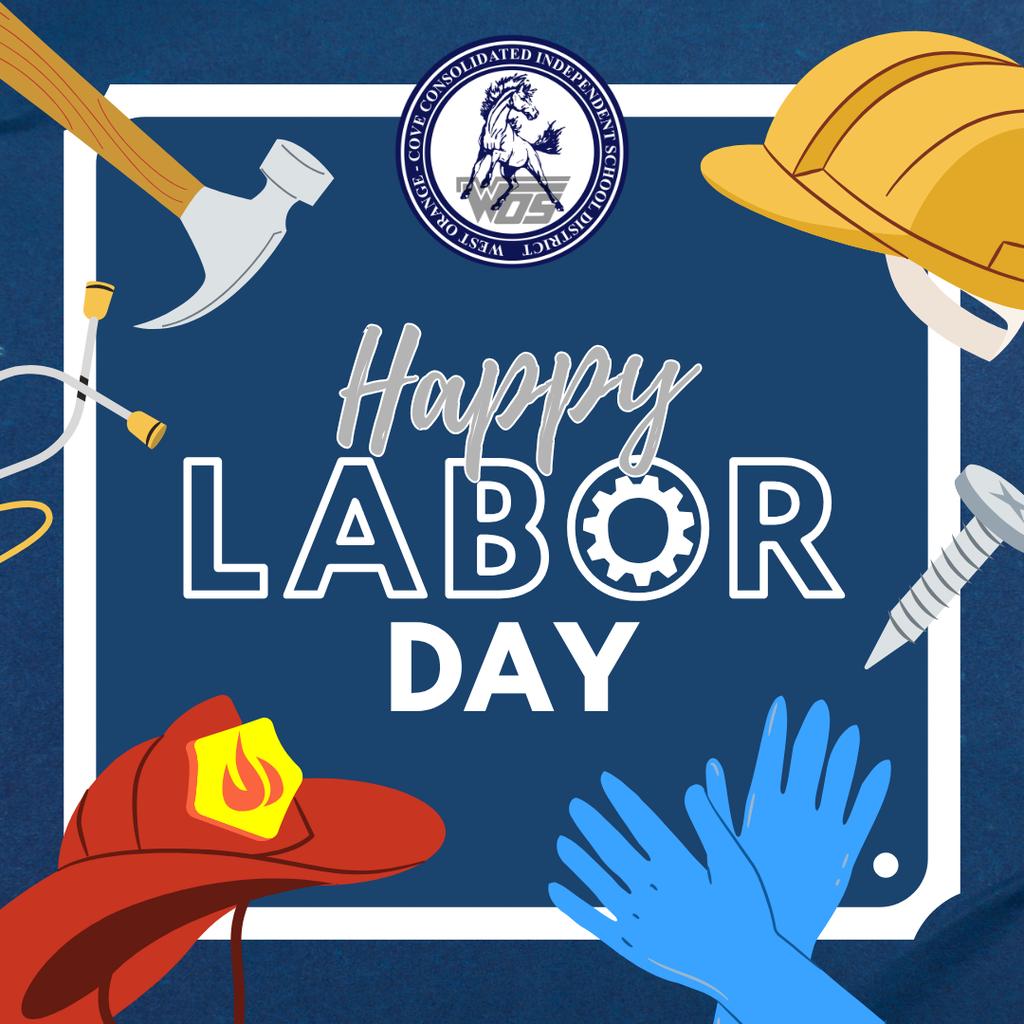 WOCCISD Happy Labor Day graphic, with tools of laborers on the border