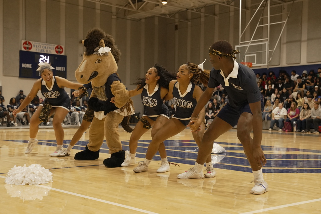 Cheerleaders and mascot in a line