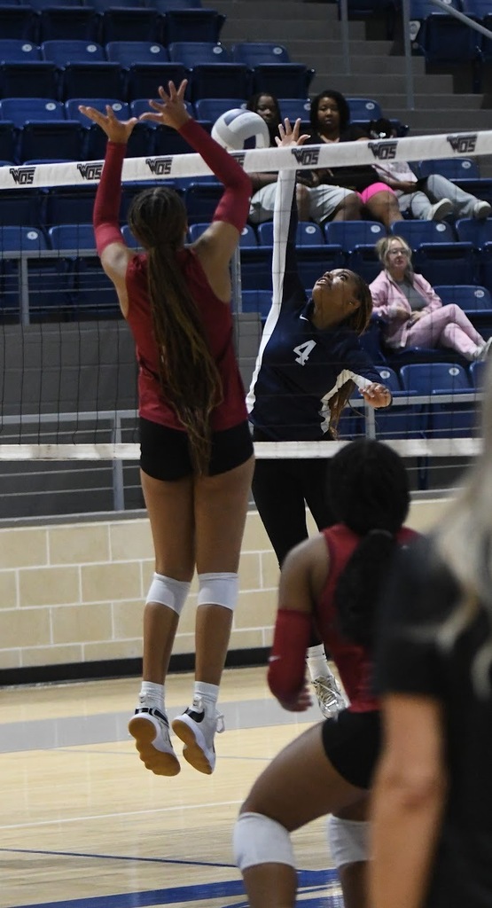 WOS Volleyball player hitting ball over the net