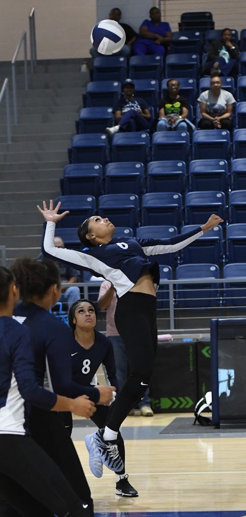 WOS Volleyball player jumping up to spike the ball