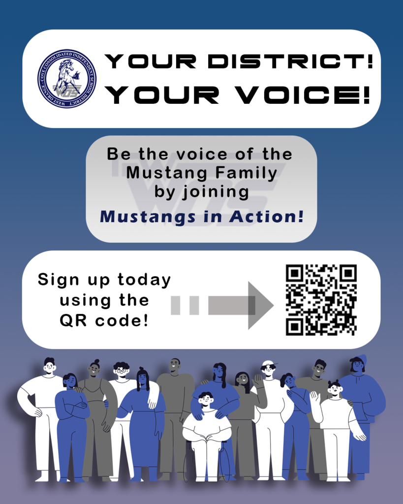 Blue and gray graphic with white text bubbles advertising the Mustangs In Action committee