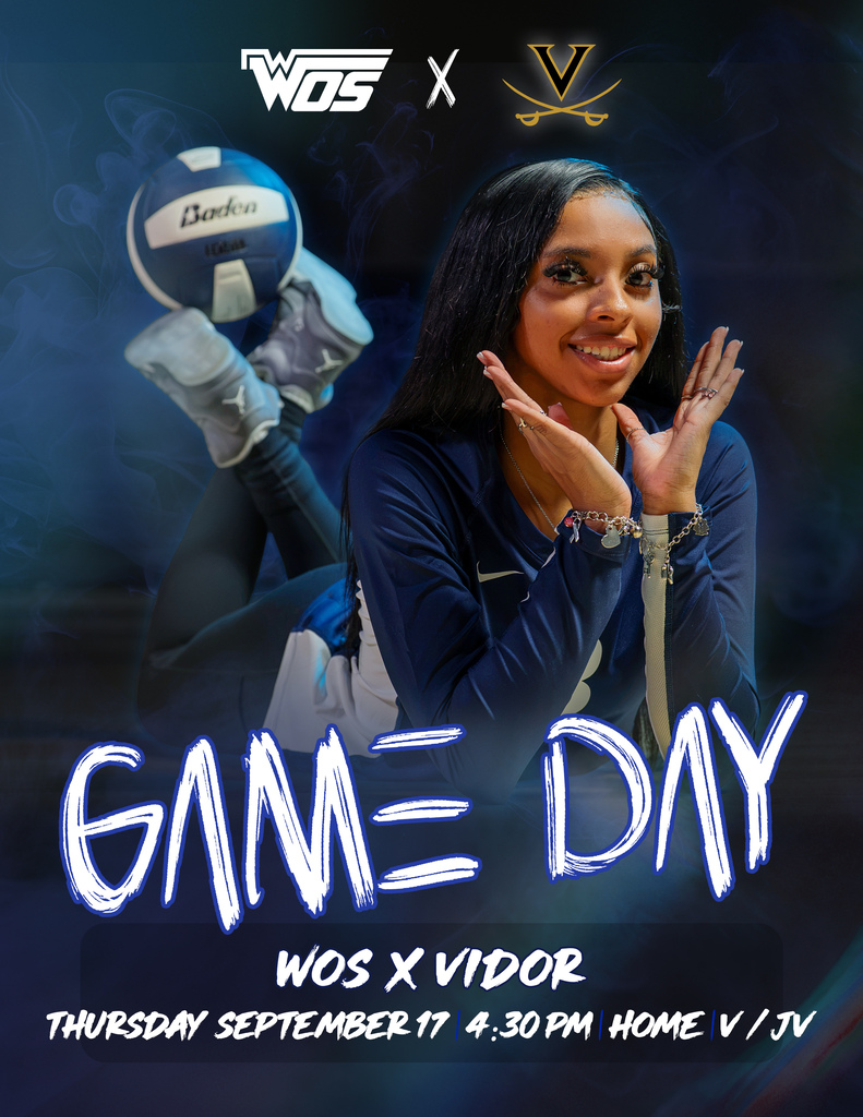 Graphic with smiling female volleyball player announcing WOS volleyball game against Vidor