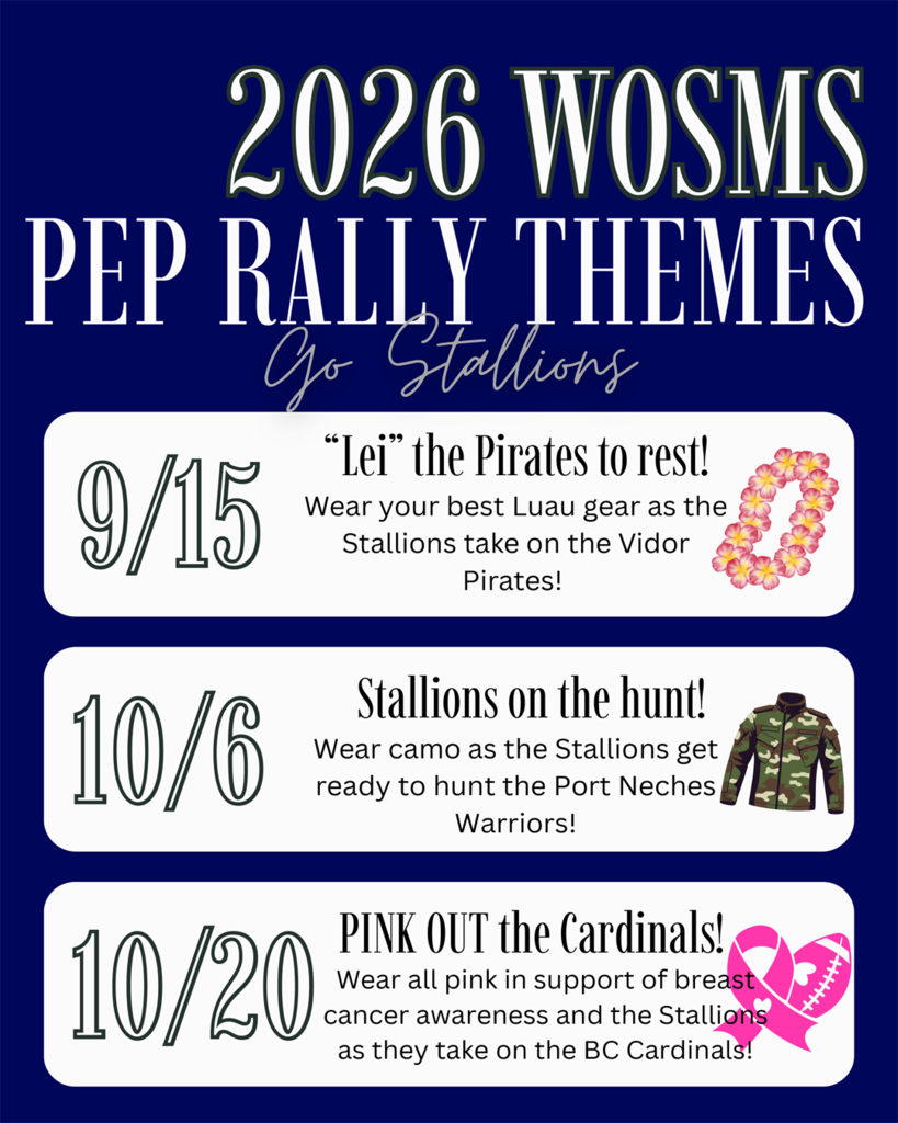 blue graphic with West Orange-Stark Middle school dress-up days for pep rallies. More details on the graphic.