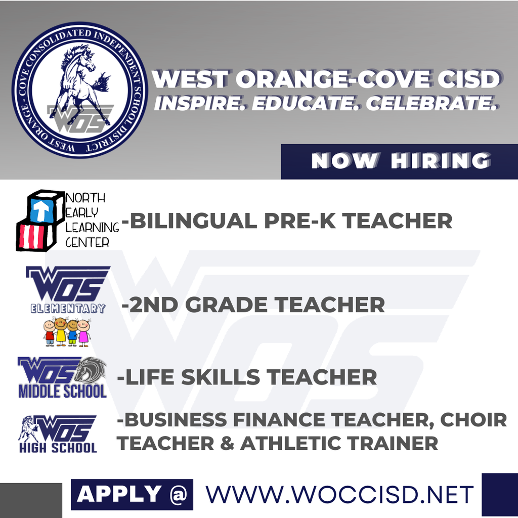 white graphic with gray banner displaying jobs available at West Orange-Cove CISD