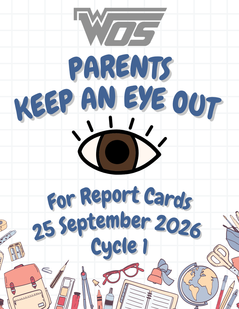 White graphic with brown eye alerting parents about report cards.