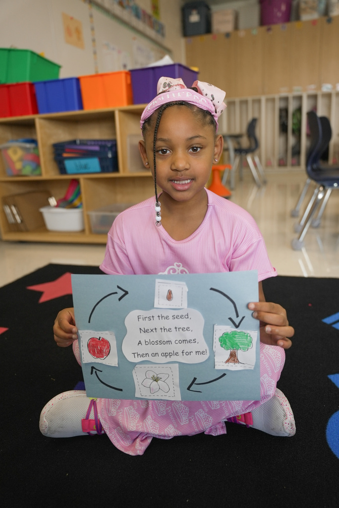 girl holding up her apple life cycle craft