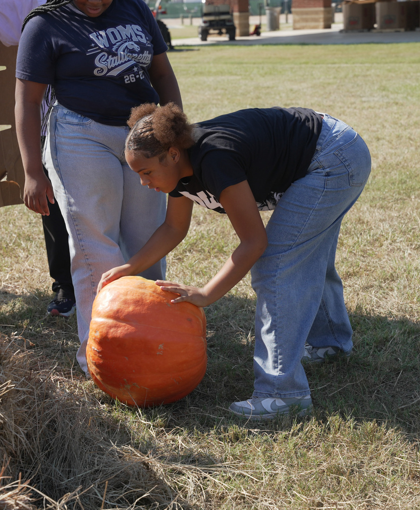 student rolling a large pumpkin on the ground