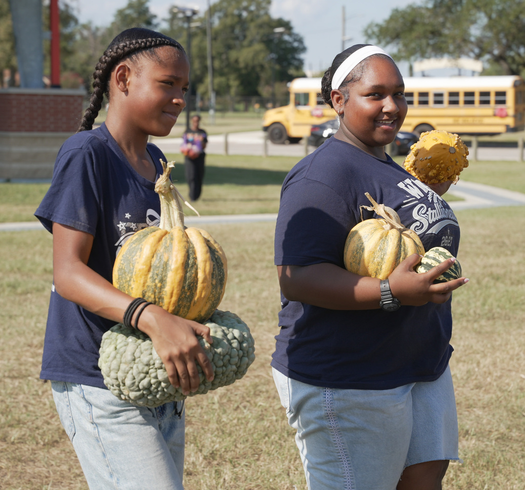 2 students carrying several pumpkins