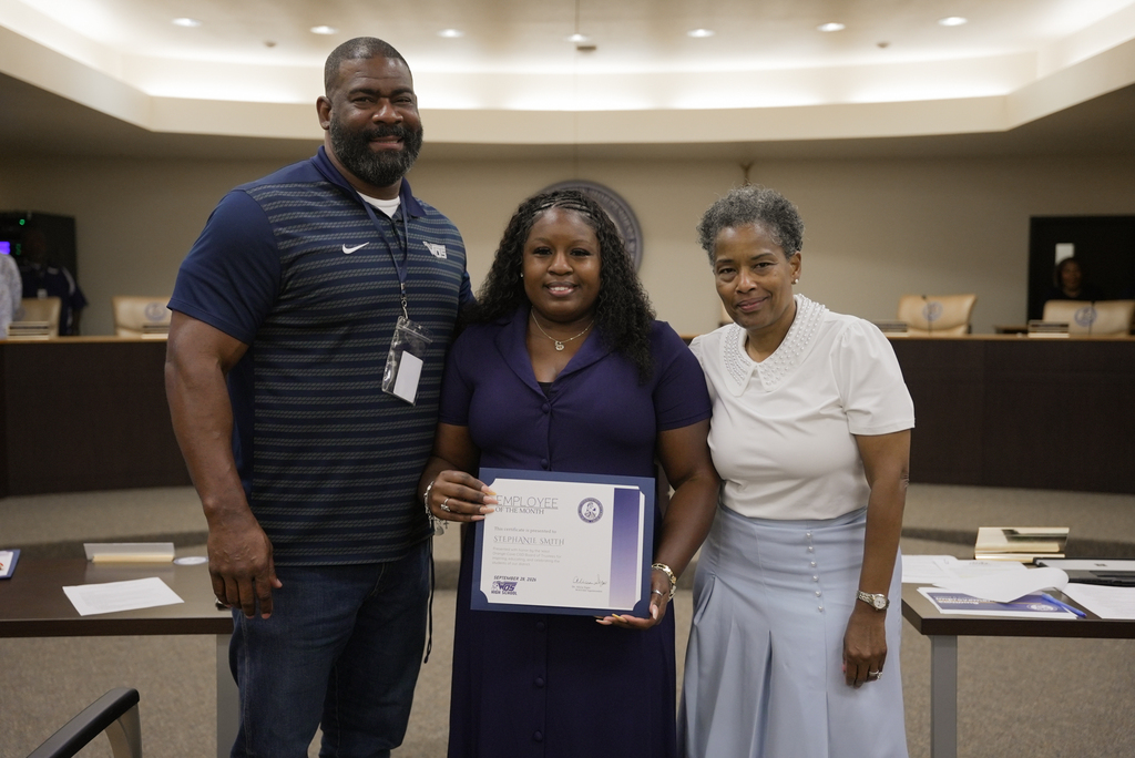 WOSHS principal with Superintendent and September Employee of the Month