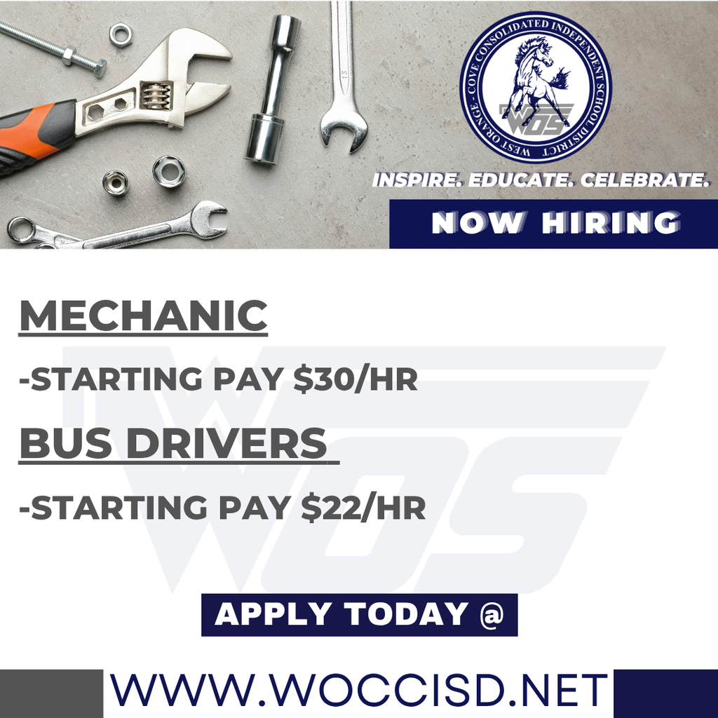 Job posting graphic for mechanic and bus driver positions at WOCCISD