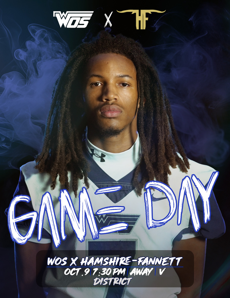 WOS Football Player graphic. WOS vs Hamshire-Fannett district game at 7:30 p.m.