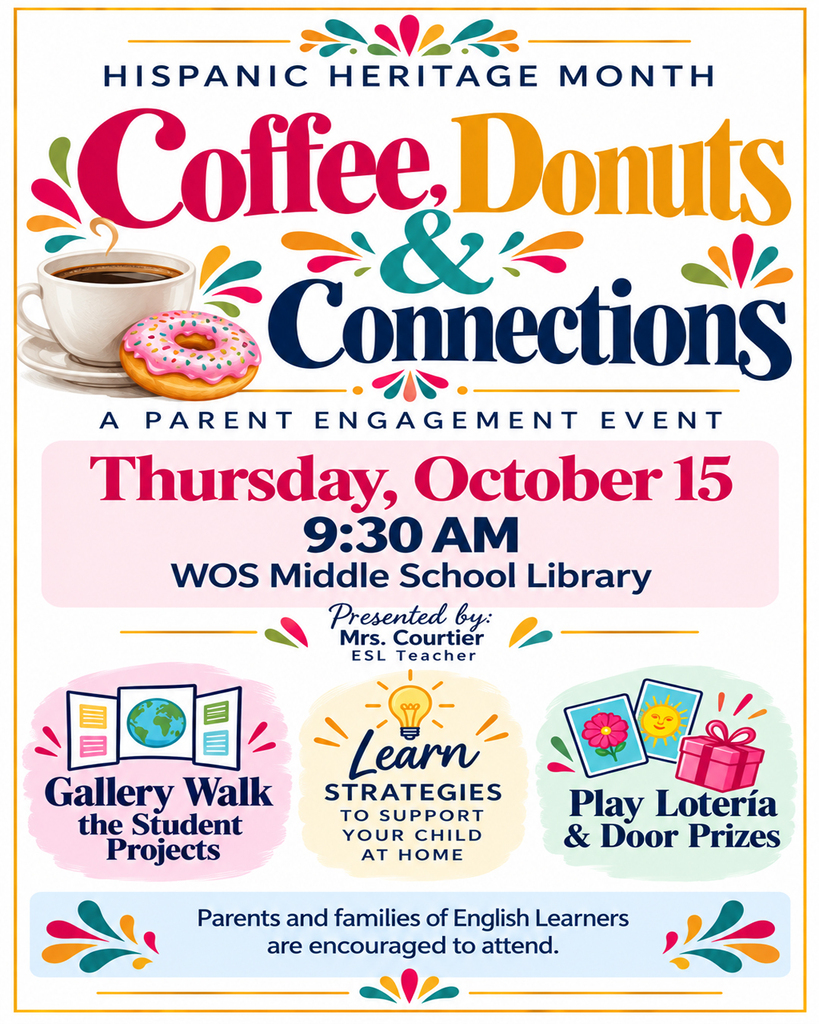 Colorful graphic with pink donut and coffee for Coffee, Donut & connections at West Orange-Stark Middle School. Refer to graphic for more details.