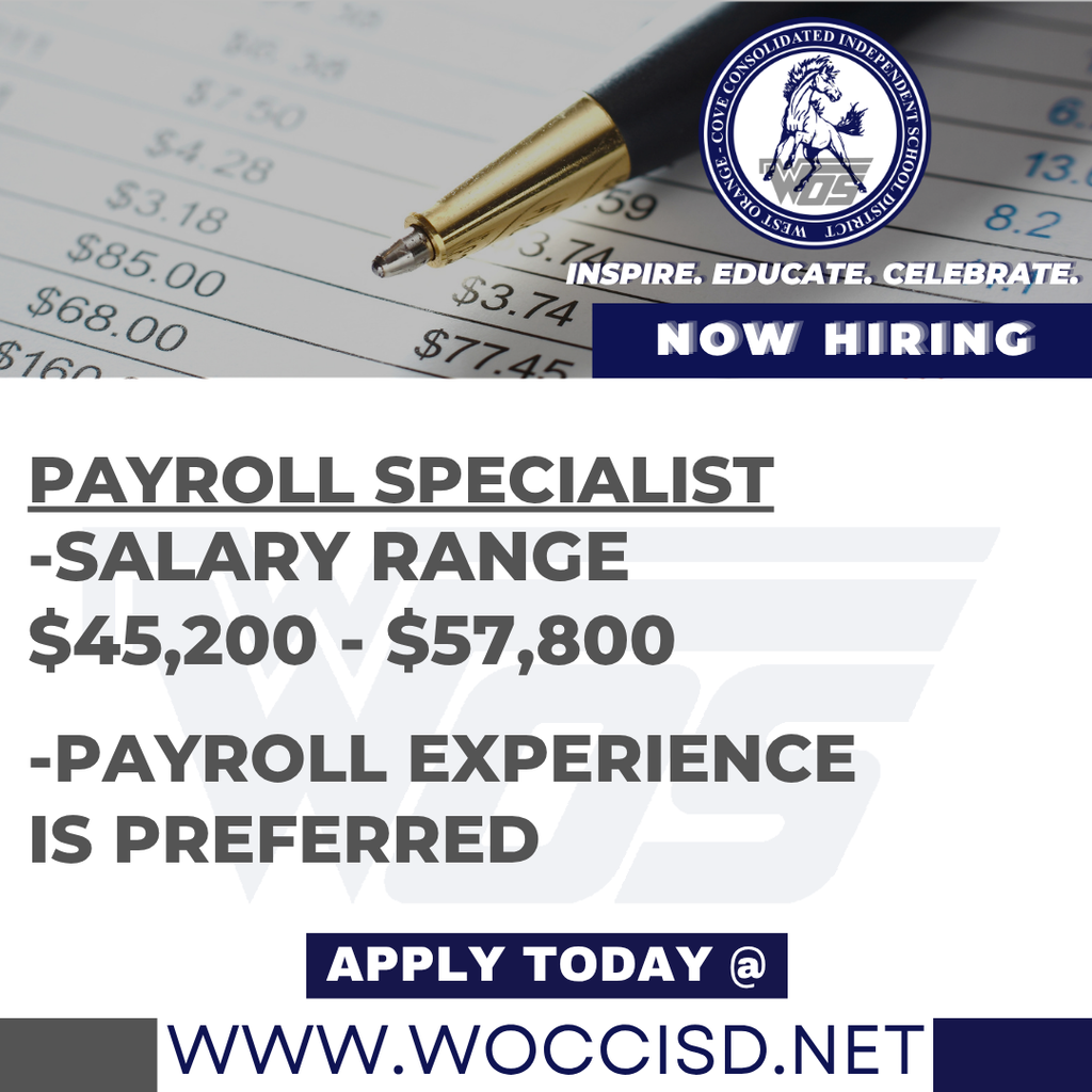 Payroll Specialist job posting. Refer to graphic for more information.