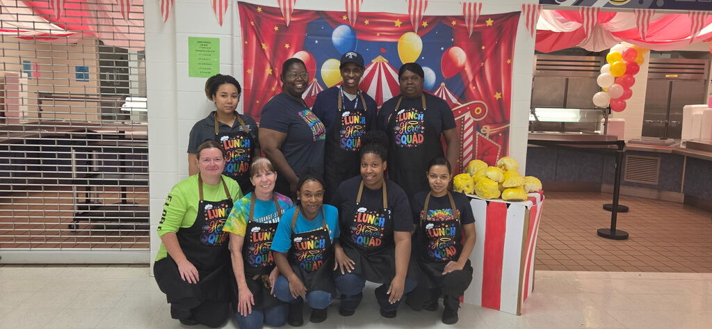 WOSE cafeteria workers group photo with SB trustee Linda Platt-Bryant