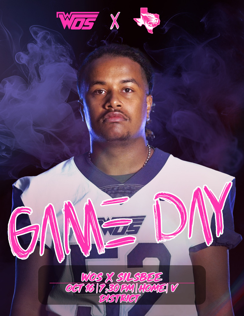 WOS Football Pinkout Game graphic with football player wearing white jersey