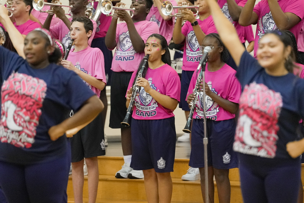 band members flanked by dance team