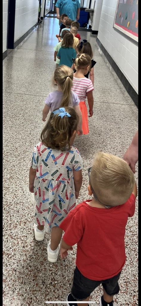 Kindergarten students walking in a straight line