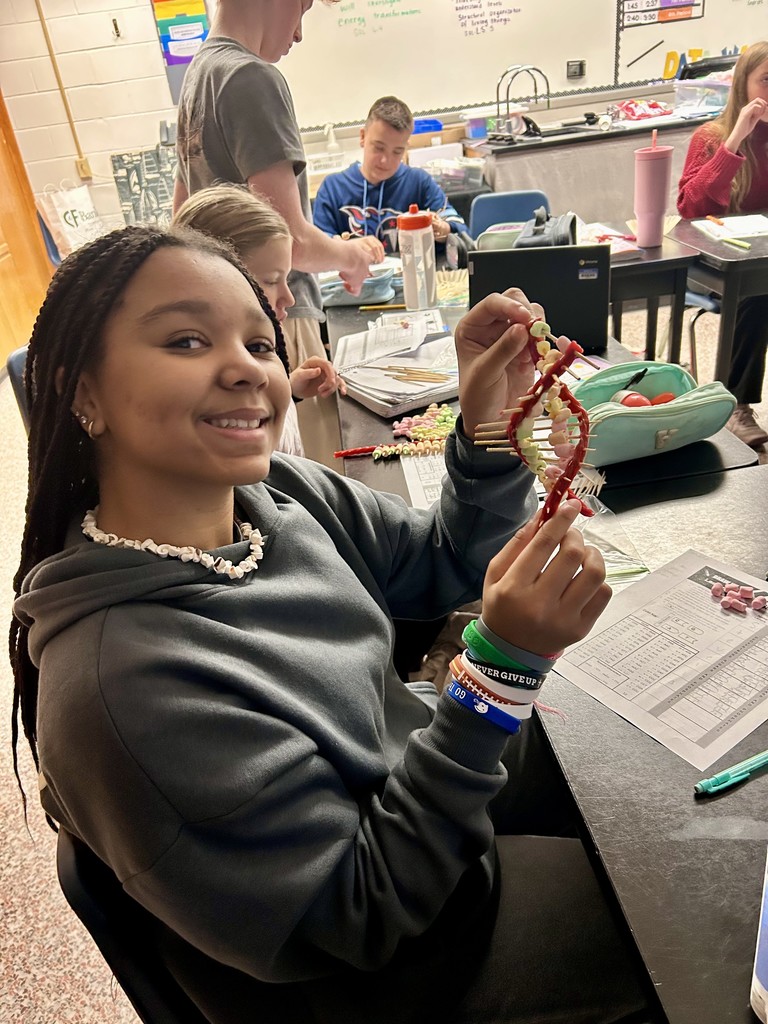 student's DNA model using marshmallows and Twizzlers