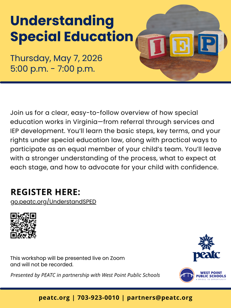 PEATC flyer for the understanding special education training on May 7, 2026