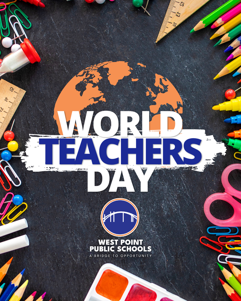 Flyer for World Teachers day. It is colorful with an image of the world, paints, colored pencils scissors, rulers, colorful paperclips and push pins, chalk and a sand timer