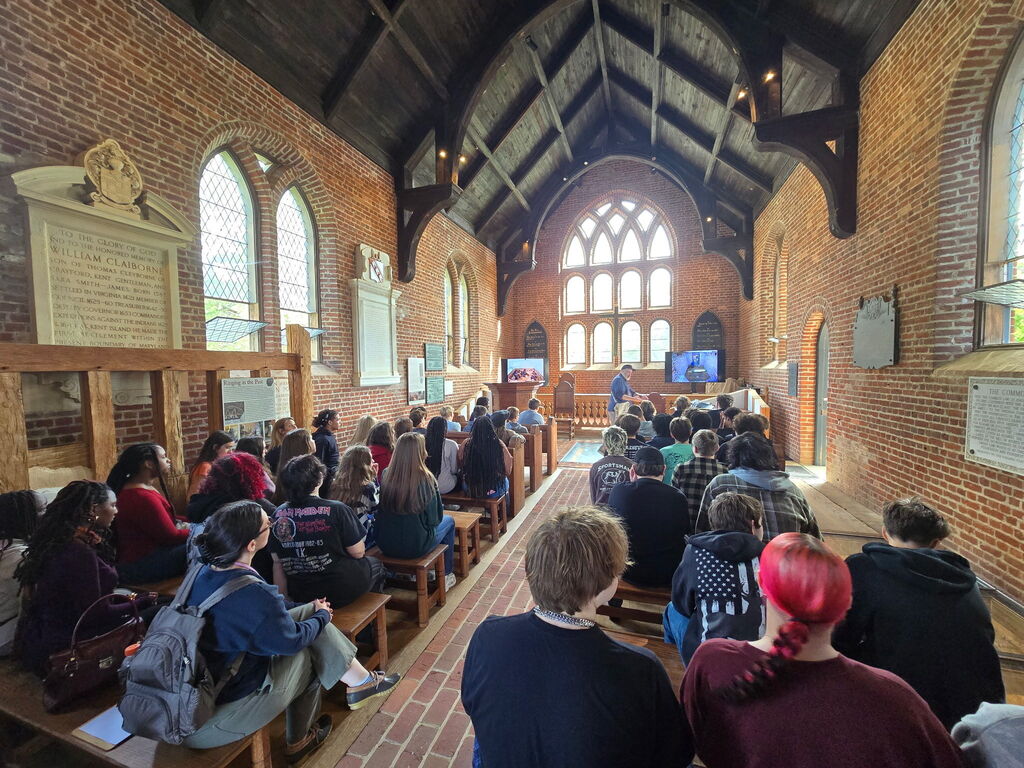 Mr. McCallister’s juniors headed to Historic Jamestown for a day of exploration and learning! Students in Bruton Parish listening to Mr. Mark Summers an author and historian who serves as the Educational Director of Youth and Public Programs for Jamestown Rediscovery