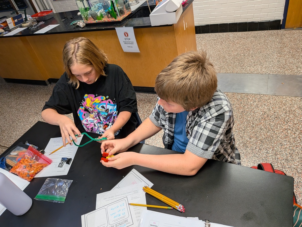 Two Science 8 students work together at a table, connecting circuit components during a hands-on science activity.