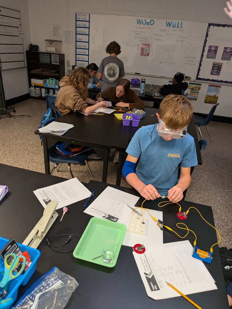 A Science 8 student wearing safety goggles builds an electrical circuit at a classroom table while classmates work on hands-on science activities in the background.