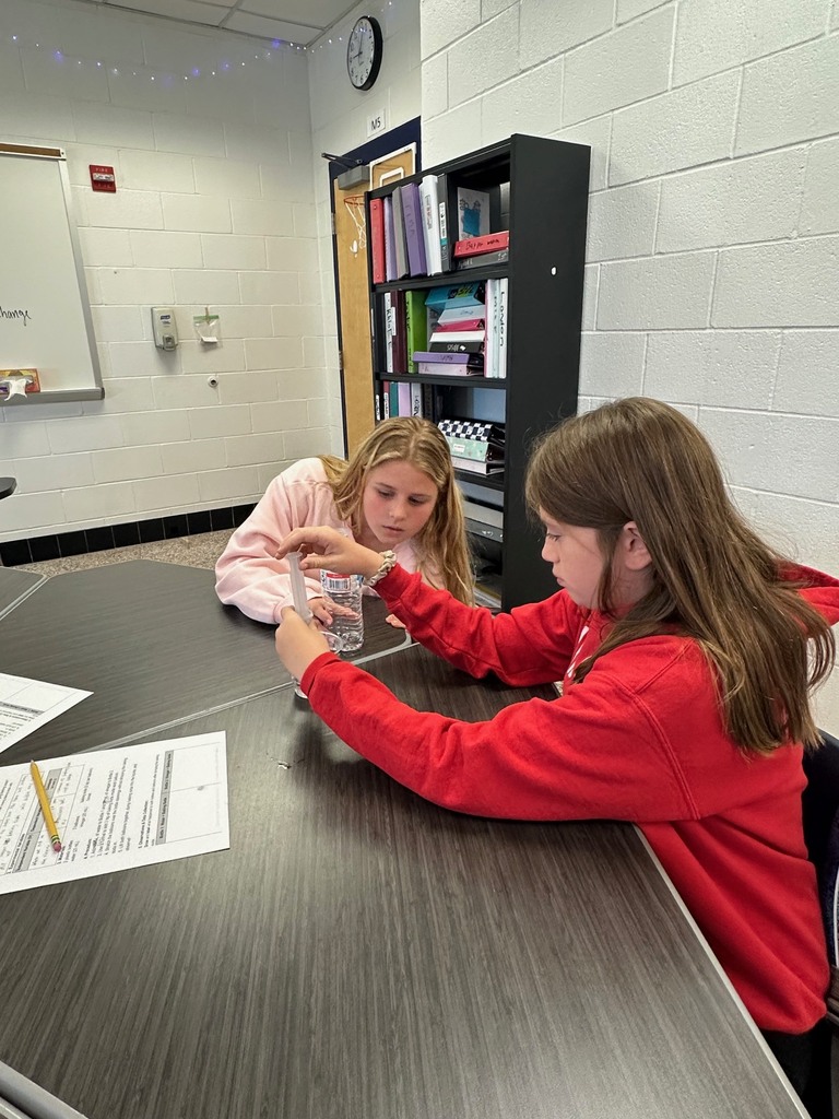 Two students work together during a science lab, observing a balloon inflate as a reaction occurs inside a bottle.