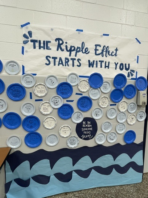 A bulletin board display titled "THE Ripple Effect STARTS WITH YOU" featuring dozens of blue and white paper plates with handwritten motivational notes above paper water waves.