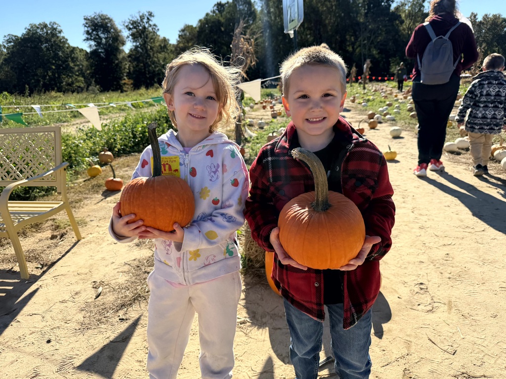 Two young children standing together in a sunlit pumpkin patch, each proudly holding up an orange pumpkin.