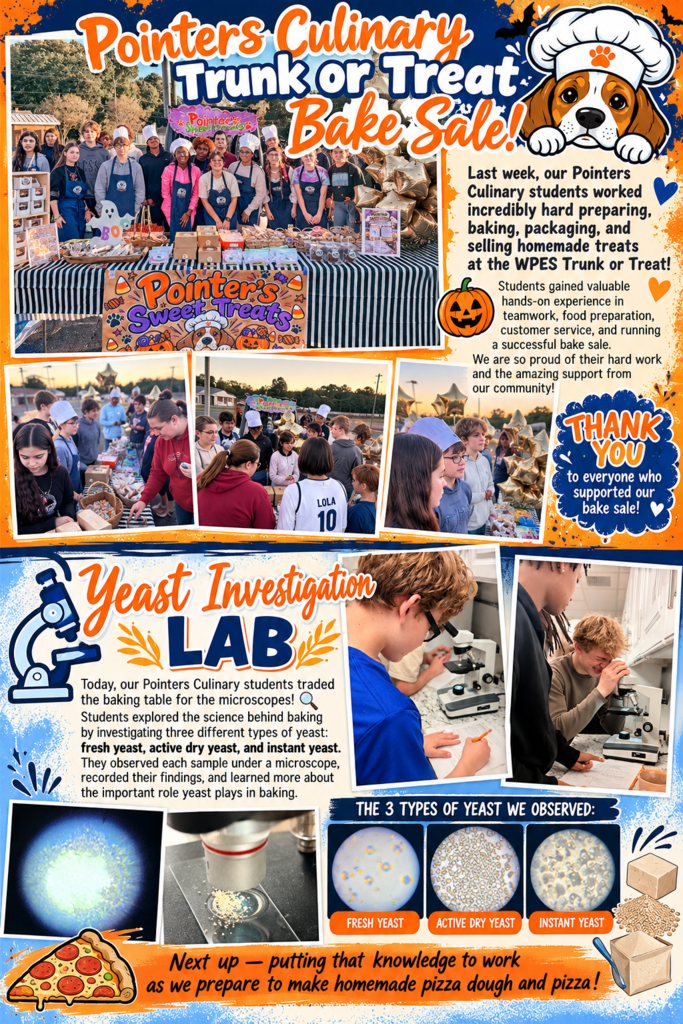 West Point Public Schools culinary students participate in a Pointer’s Culinary Trunk or Treat Bake Sale and a Yeast Investigation Lab. The top section features students selling homemade baked goods at a Halloween-themed outdoor bake sale, with text thanking the community for its support. The bottom section shows students using microscopes to examine fresh, active dry, and instant yeast. The poster highlights hands-on learning in baking, food preparation, teamwork, and customer service, ending with a preview of students making homemade pizza dough and pizza.