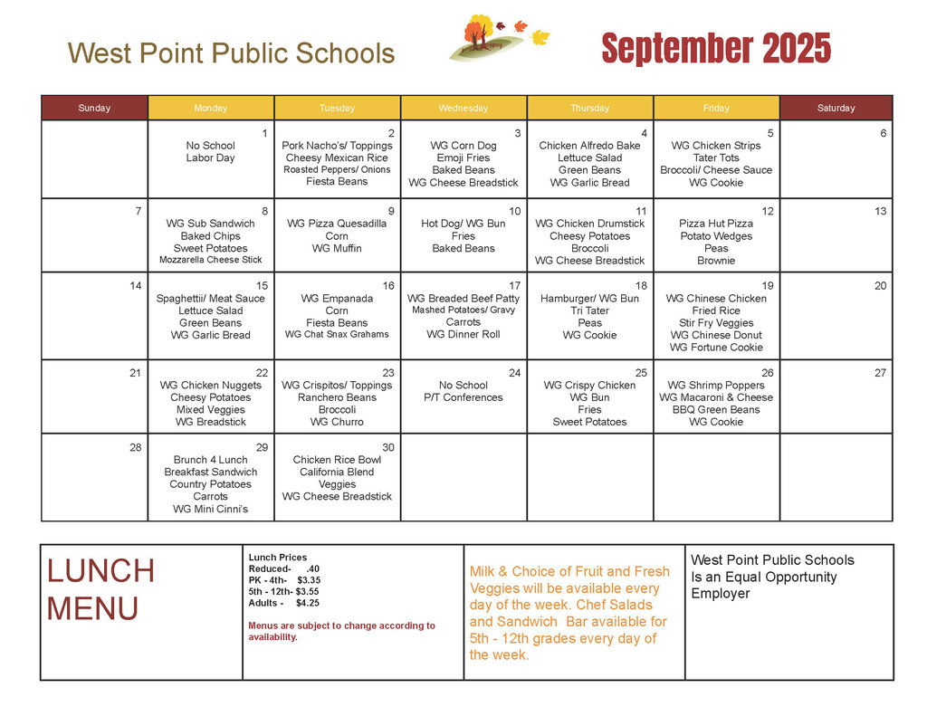 September Lunch Menu