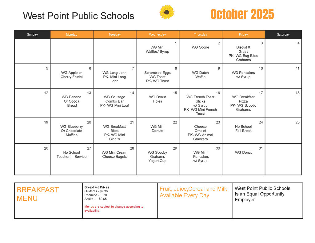 Breakfast & Lunch Menus for October