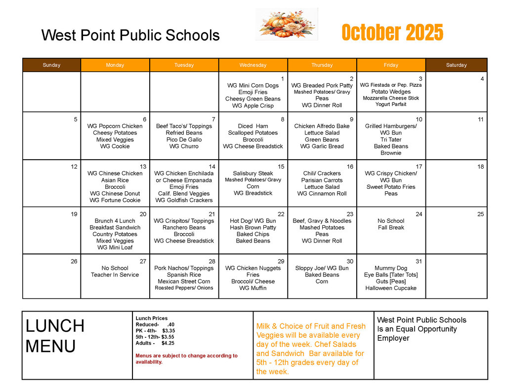 Breakfast & Lunch Menus for October
