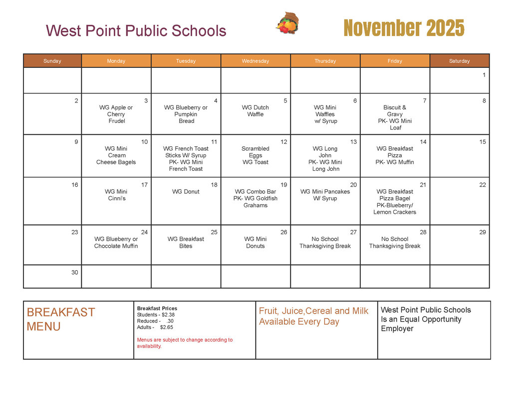 November Breakfast Menu
