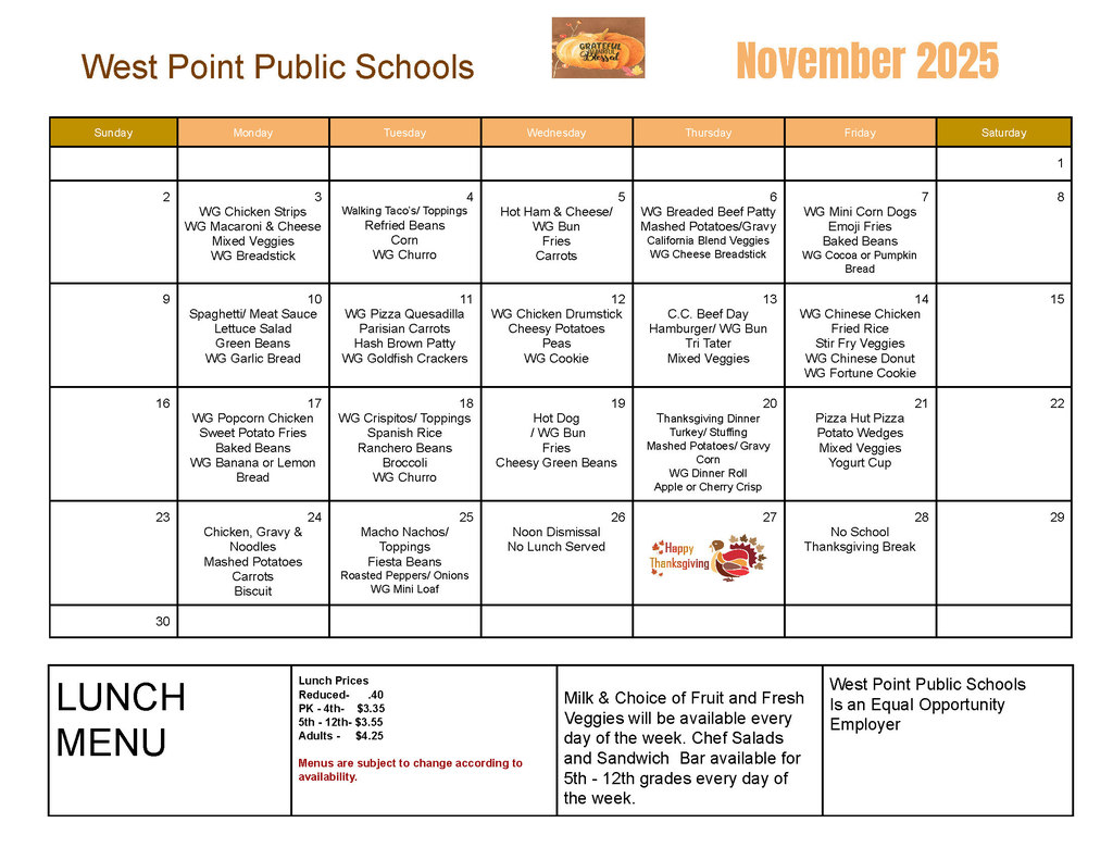 November Lunch Menu