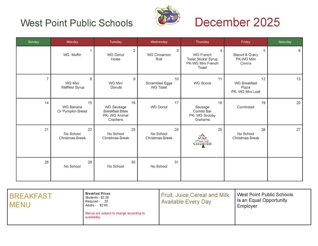 Breakfast Menu December