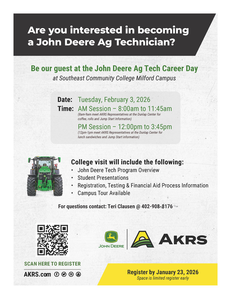 Registration for John Deere Ag Tech Career Day at Southeast Community College Milford Campus is still open! Scan the QR code in the link below to secure your spot. AKRS Equipment, in partnership with Southeast Community College (SCC), is hosting John Deere Day on February 3rd at the SCC Milford Campus. This event is designed for students interested in exploring hands-on, in-demand career paths in the ag and diesel industry, including opportunities with AKRS Equipment and John Deere. Event Details 📍 Location: Southeast Community College – Milford Campus 📅 Date: Tuesday, February 3 ⏰ Time: Half-day event (morning or afternoon sessions available) What students will experience: • Campus tours • Student presentations • Hands-on exposure to John Deere equipment • Information on diesel technician career paths • Details on AKRS Equipment’s JumpStart Scholarship and paid work opportunities • Learn how students can “walk away debt free” while earning a career-ready education This event is intended for students with serious interest in mechanics, diesel technology, or hands-on technical careers. There is no obligation—this is an opportunity for students to learn, ask questions, and explore future options.