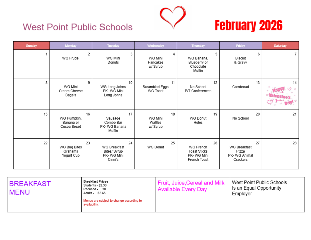 Breakfast & Lunch Menus for the month of February ❤️ #cadetpride⚔️