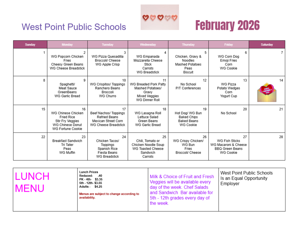 Breakfast & Lunch Menus for the month of February ❤️ #cadetpride⚔️