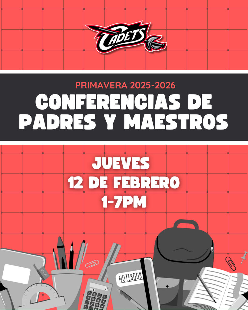 There will be no school on Thursday, February 12th due to Spring Parent-Teacher Conferences! We look forward to connecting with families and sharing student progress. Stop by anytime between 1:00 PM and 7:00 PM. See you there! #cadetpride⚔️
