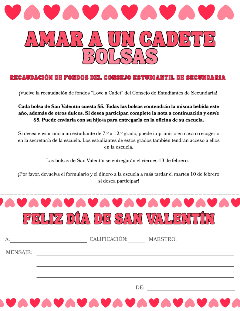 Spread the love! 💌 The High School Student Council is making Valentine's Day sweet with $5 ‘LOVE a CADET’ bags! Show your support and treat someone special – whether it is your son, daughter, friend, or special someone. Orders can be placed now through Tuesday, Feb. 10th. The bags are $5.00 a bag and will include a can of pop and a variety of special treats. The bags will be delivered to the students on Friday, Feb. 13th. Parents can drop off the order forms with the money in any school office or elementary parents can send it in an envelope with your child to give to their teacher. Jr. & Sr. high students can order bags for their friends by dropping the orders off in the high school office. *One form per order - additional forms are available in the offices or can be printed off and turned in. Thank you for supporting the High School Student Council! #cadetpride⚔️
