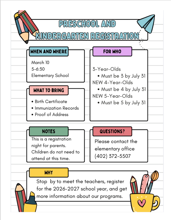Preschool and Kindergarten Registration Night for the 2026-2027 school year will be Tuesday, March 10th from 5-6:30PM. Please see flyers for more details & contact the elementary office with any questions! #cadetpride⚔️