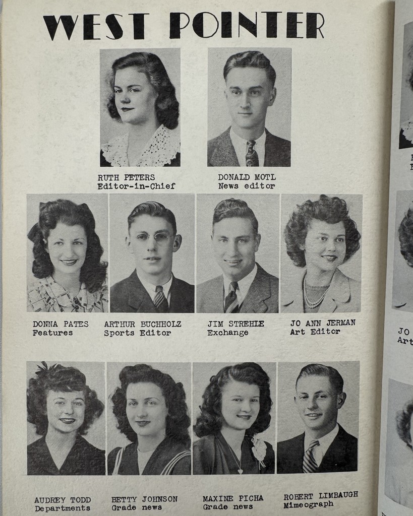 82 Years Ago in Cadet History…  The 1943–1944 yearbook! Right in the middle of the World War II era, when life looked a little different and school spirit meant even more.  The West Pointer school newspaper staff worked hard to keep everyone informed, the basketball “basket-tossers” lone win came from a 26–14 victory over Pilger, and there were many talented voices in the Girls Glee Club!  Even during a time of rationing, wartime news, and big changes across the country, West Point students were still writing stories, cheering on teams, and making music together!  #throwbackthursday #cadetpride⚔️