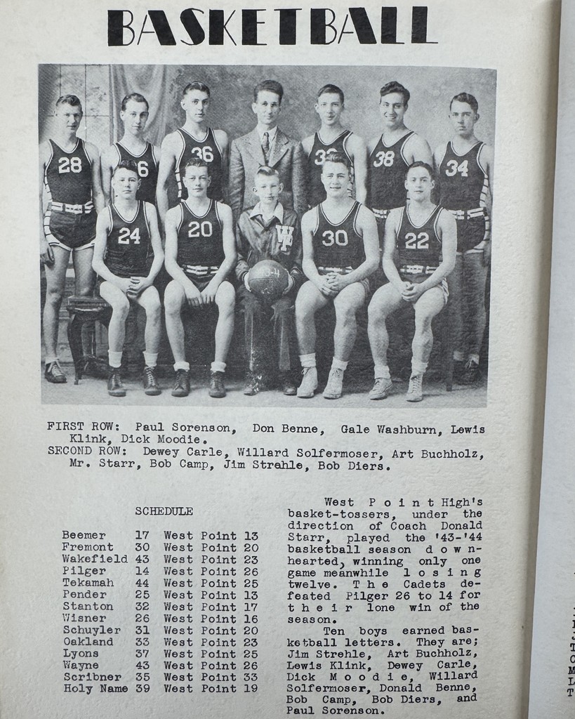 82 Years Ago in Cadet History…  The 1943–1944 yearbook! Right in the middle of the World War II era, when life looked a little different and school spirit meant even more.  The West Pointer school newspaper staff worked hard to keep everyone informed, the basketball “basket-tossers” lone win came from a 26–14 victory over Pilger, and there were many talented voices in the Girls Glee Club!  Even during a time of rationing, wartime news, and big changes across the country, West Point students were still writing stories, cheering on teams, and making music together!  #throwbackthursday #cadetpride⚔️