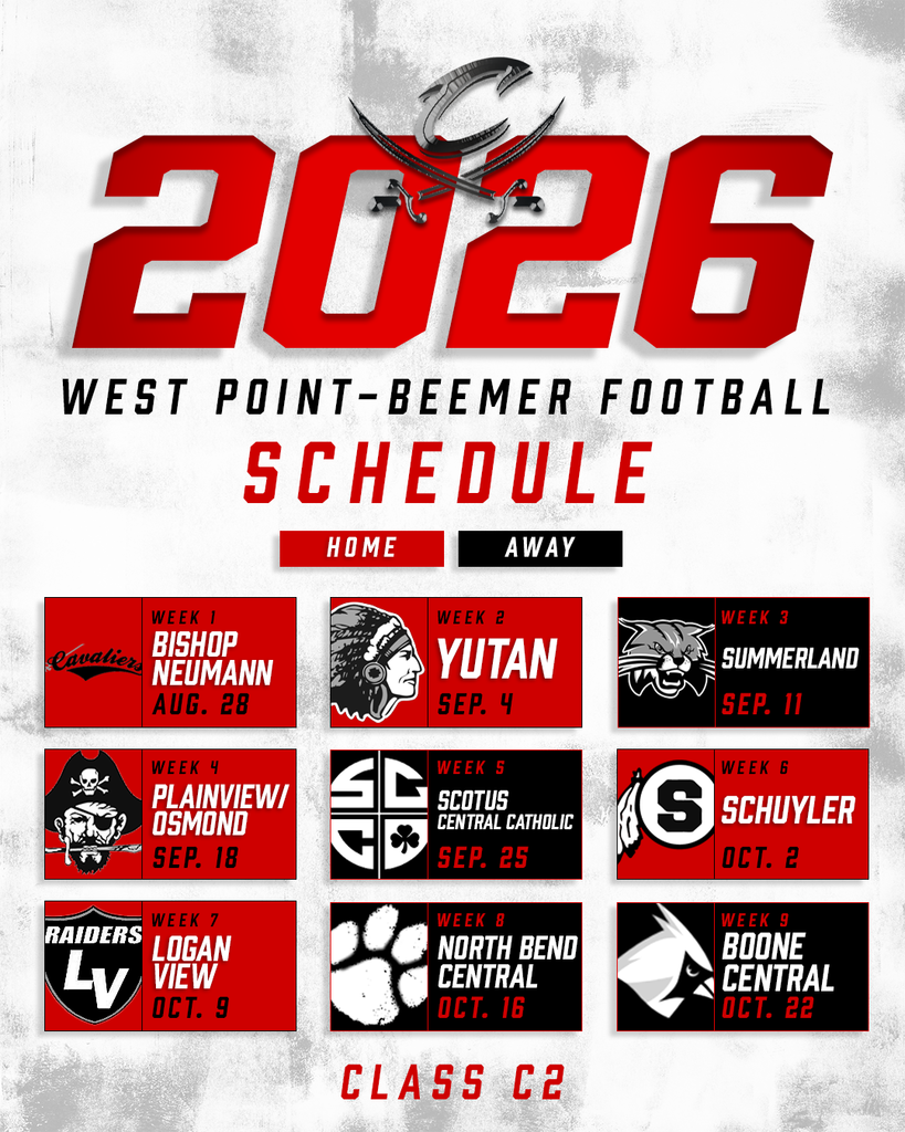 The 2026 & 2027 football schedules have been released! 🏈 West Point-Beemer will compete again in Class C2. #cadetpride⚔️