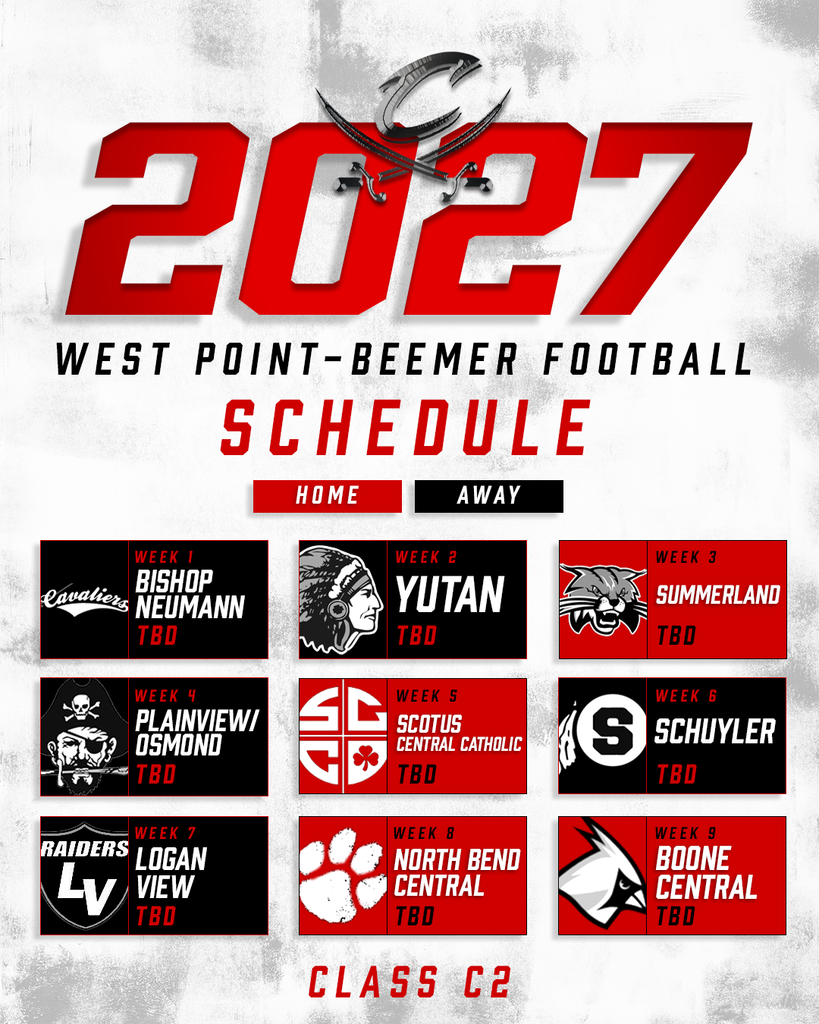 The 2026 & 2027 football schedules have been released! 🏈 West Point-Beemer will compete again in Class C2. #cadetpride⚔️